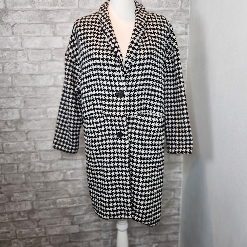Old Navy Wool Coatigan Houndstooth Black White Classic Preppy XS Petite